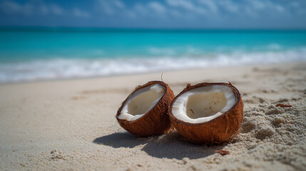 Fresh Coconut Halves on a Sandy Beach. Ai gen.
