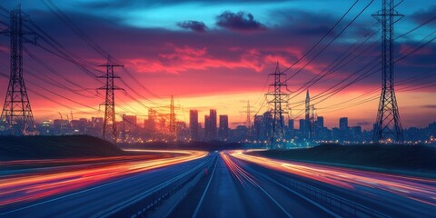Sunset over city highway with power lines.  Vibrant colors paint the sky above a city skyline,  illuminated by night lights.  