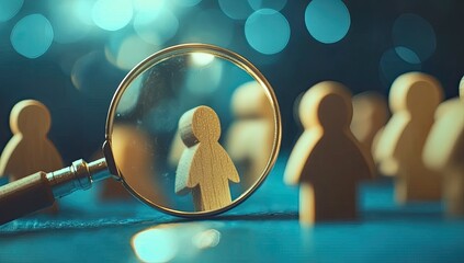 A magnifying glass focuses on a single wooden figure amidst a group of similar figures.  Blurred bokeh lights in the background create a soft focus