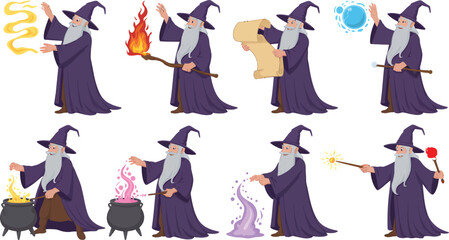 Set of a Cartoon Wizard Character in Various Magic Poses and Actions
