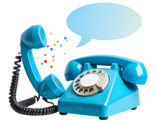 3d Blue retro telephone receiver with speech bubble isolated on transparent backgroun