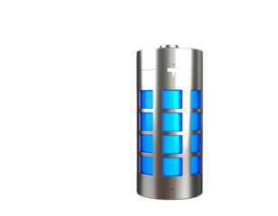 Silver battery with blue segments and a plus sign.