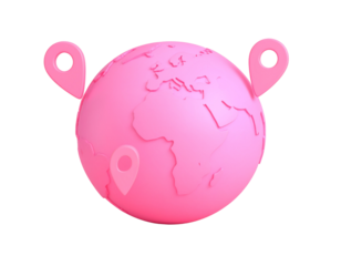 Stylized 3d globe with three pink location pins indicating different places around th