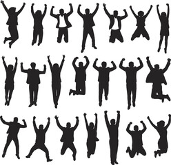Silhouettes of happy jumping people celebrating success, energetic men and women, business victory, motivation, teamwork concept, vector illustration