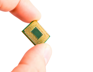 Close-Up of Hand Holding Miniature Electronic Microchip with Metallic Pins and Surfac