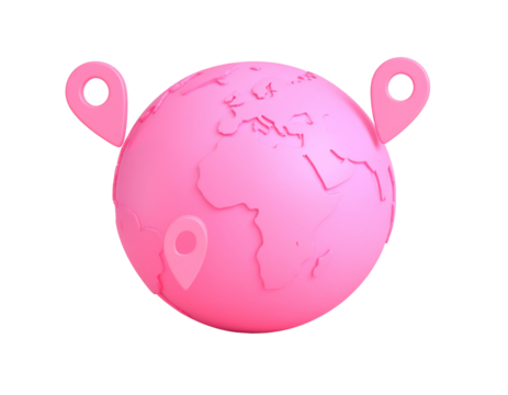 Stylized 3d globe with three pink location pins indicating different places around th - Powered by Adobe