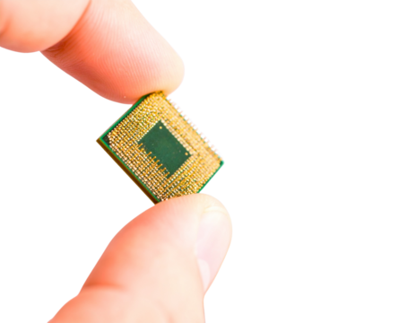 Close-Up of Hand Holding Miniature Electronic Microchip with Metallic Pins and Surfac