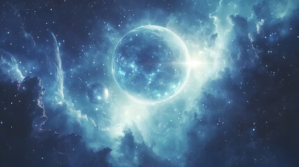 Obraz premium Stunning blue nebula with a massive star at the center surrounded by colorful cosmic gas clouds