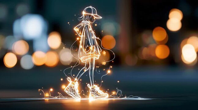 Silhouette lumineuse d'une fille qui danse dans la rue la nuit