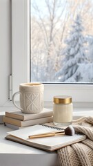 Winter morning with coffee, candle and notebook by window