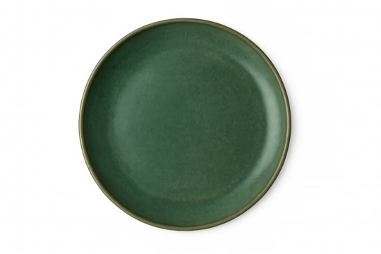 Round green ceramic plate isolated on transparent background, perfect for showcasing culinary creations or kitchenware designs