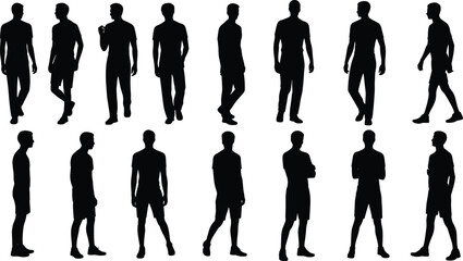 Silhouettes of men standing and walking, casual and formal clothing, black figures, isolated on white background, diverse poses, confident body language