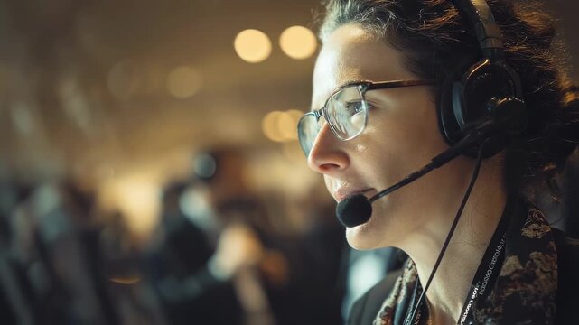 Ambient shot capturing an interpreter in a soundproof booth at a world conference headset on whispering into a sleek microphone while scanning the venue scene.