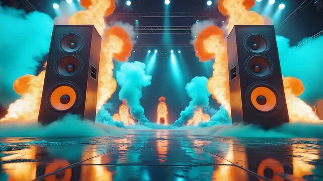 Concert stage with giant speakers surrounded by fire effects and colorful smoke under dramatic lighting creating energetic music performance