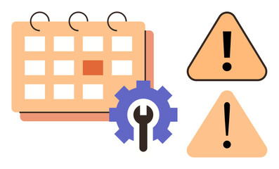 Calendar grid with gear and two warning signs highlights maintenance scheduling, problem solving, and alert management. Ideal for workflow, organization, planning, repair, caution, system updates