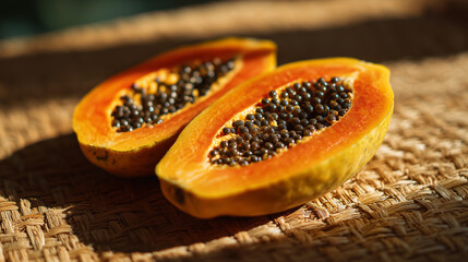 Papaya Halves with Seeds on a Woven Mat. Ai gen.
