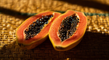 Papaya Halves with Seeds on a Woven Mat. Ai gen.
