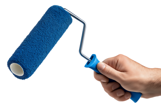 Caucasian male hand holding blue paint roller, isolated on white or transparent background
