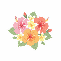 A vibrant stylized bouquet of colorful tropical hibiscus and plumeria flowers with green leaves.