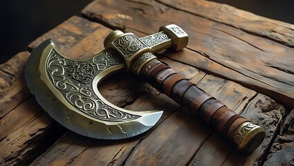 Closeup of an ornate viking axe with engraved patterns on a weathered wooden surface