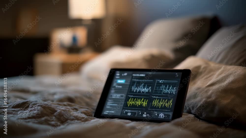 Poster medium shot focused on a tablet displaying realtime sensor data linked to headache episodes while th