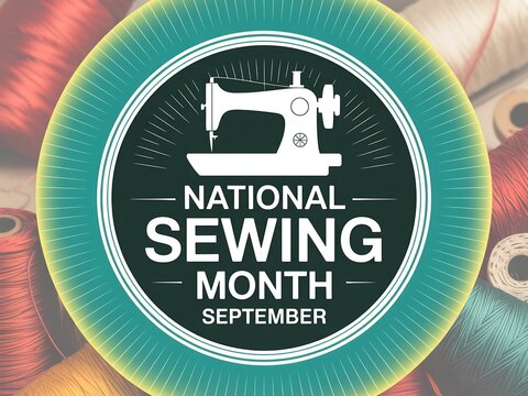 Celebrating national sewing month in september with a vintage sewing machine emblem and colorful thread background
