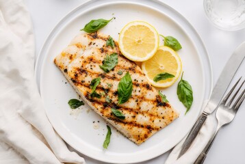 Grilled fish fillet with lemon and basil on a white plate. Restaurant food photo