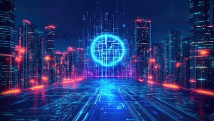 Futuristic cityscape with digital overlay