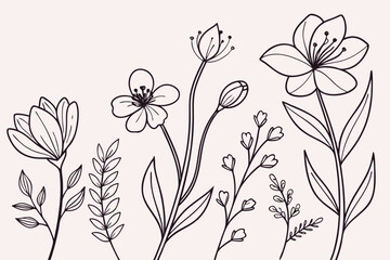 Delicate floral line art with botanical elements flower