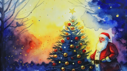 Santa Claus standing beside decorated Christmas tree at night  
