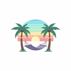 Relaxing purple hammock between two palm trees with a colorful retro striped sunset background.
