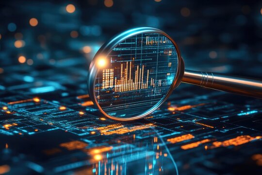 Magnifying glass focusing on digital data visualization on a circuit board - Powered by Adobe