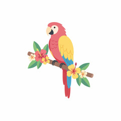 Colorful Scarlet Macaw Parrot Perched on a Tropical Branch with Hibiscus Flowers.