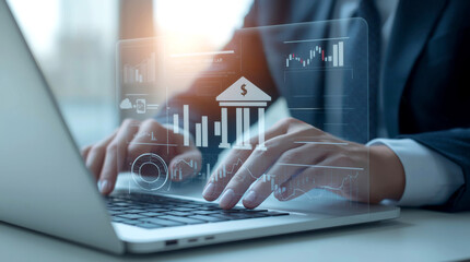 Business and finance planning data analysis, innovative investment strategies, and digital technology to foster economic growth. person in a business suit working on a laptop.