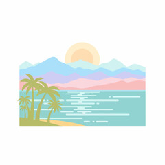 Serene tropical beach landscape with palm trees pastel mountains and a rising sun.