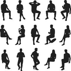 Silhouettes of people sitting and relaxing, casual posture, isolated on white background, perfect for design, presentation, advertising, or web content