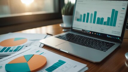 Open laptop displaying bar chart on desk with financial documents and colorful pie charts showing business analytics in modern office setting - Powered by Adobe