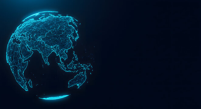 Digital globe representation with blue lines on dark background, focus Indian Ocean region, right side empty copy space