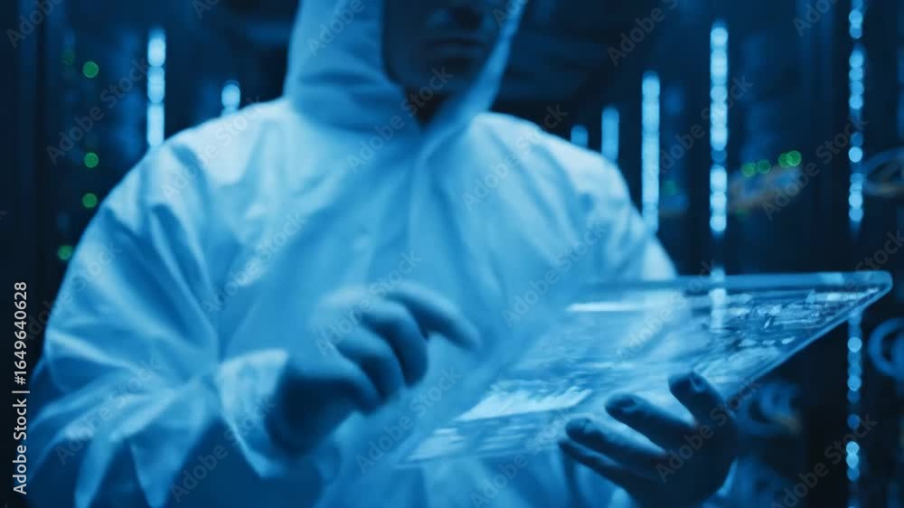 Poster engineer analyzing data on transparent tablet in server room - an engineer wearing an antistatic sui