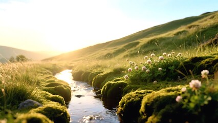 Idyllic stream flows through lush green hills at sunrise, creating a peaceful scene