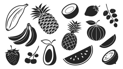 Fototapeta premium Collection of Black and White Fruit Silhouettes Including Banana Pineapple Coconut Strawberry Watermelon and Other Tropical Fruits