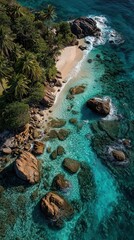 Obraz premium Tropical escape aerial coast reveal with sustainable luxury landscape design, coral reef visible beneath crystal-clear waters