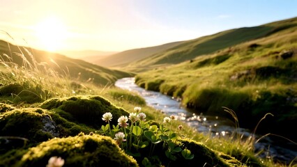 Scenic stream winding through green hills at sunrise, creating a beautiful landscape