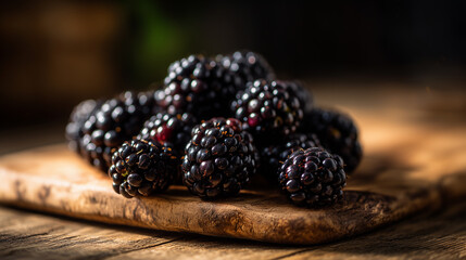 Blackberries on a Rustic Wooden Cutting Board. Ai gen.
