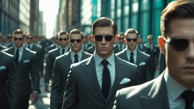 Group of identical men in dark suits with sunglasses walking confidently through modern city street creating surreal uniform business crowd scene