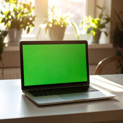 Laptop with blank green screen near window
