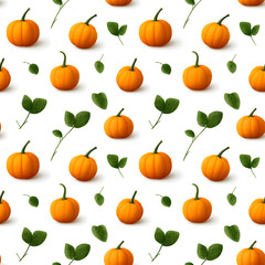 Obraz premium Bold seamless pattern with orange pumpkins and rich green leaves for autumn harvest packaging, textile, kitchen and home decor, Halloween and Thanksgiving design
