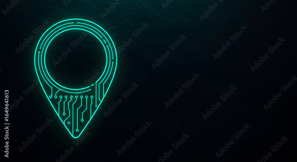 Poster neon location pin with circuit design on emerald technology background