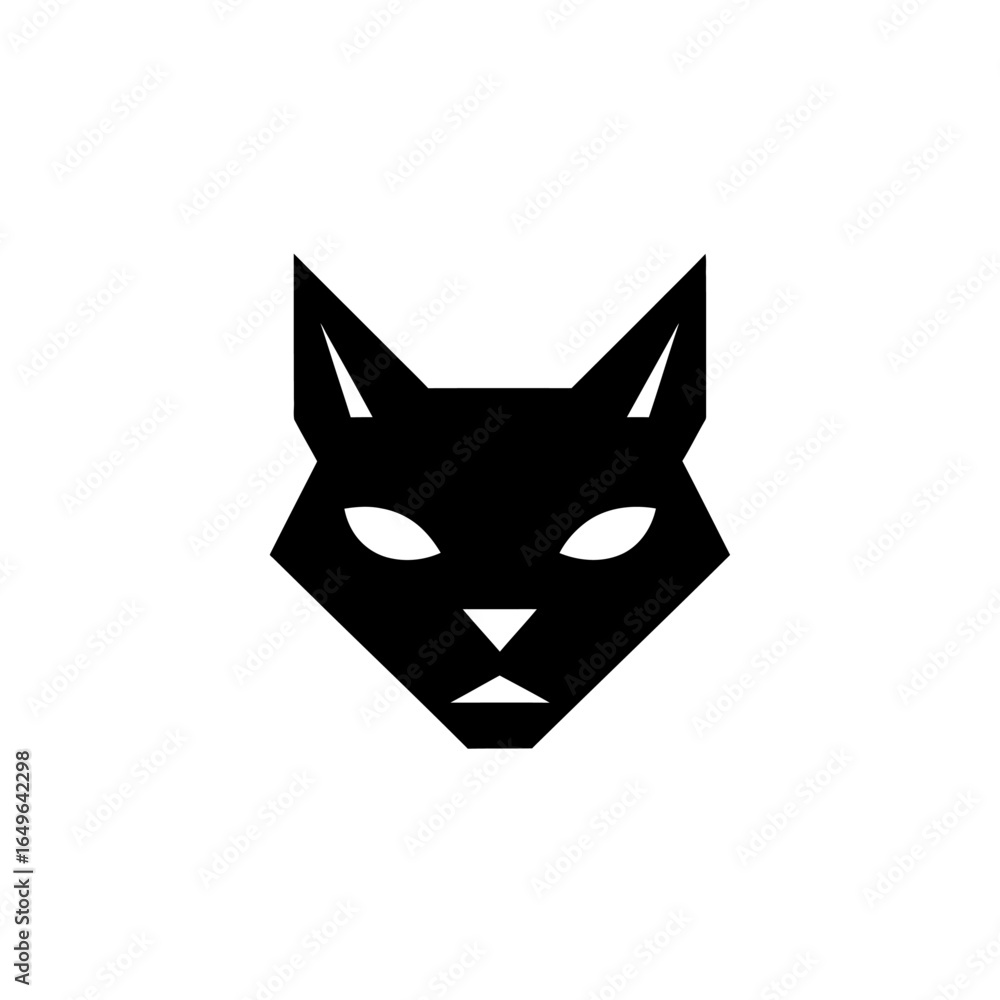 Poster a minimalist black cat face design with sharp angles on a white background