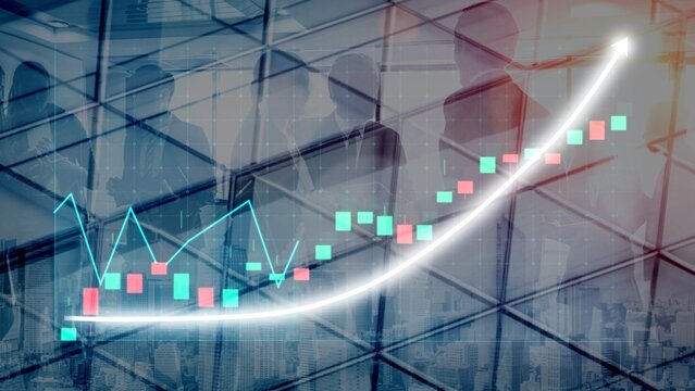 A visually striking image depicting stock market trends with charts, graphs, and silhouettes of business professionals in a high-tech office setting. Copula - Powered by Adobe